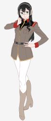 Rule 34 | 10s, 1girl, bad id, bad twitter id, belt, black hair, boots, flat color, full body, glasses, green eyes, gundam, hand on own hip, hand up, headphones, headset, highres, jacket, kantai collection, legs together, long hair, long sleeves, military, military uniform, mobile suit gundam, ojipon, ooyodo (kancolle), pants, pantyhose, sidelocks, smile, solo, uniform, white background, white pants