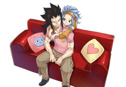 Rule 34 | 1boy, 1girl, black footwear, black hair, blue hair, brown eyes, brown pants, character print, chin piercing, closed mouth, couch, cushion, eyebrow piercing, fairy tail, gajeel redfox, headband, heart, heart print, highres, hug, hug from behind, levy mcgarden, looking at another, mashima hiro, nose piercing, official art, orange headband, pants, parted lips, piercing, pink shirt, scar, scar on arm, shirt, short sleeves, simple background, sitting, smile, white background