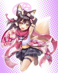 Rule 34 | 1girl, :d, absurdres, animal ears, armpits, black hair, black skirt, blue archive, brown eyes, commentary request, eyeshadow, fang, fishnet legwear, fishnets, fox ears, fox girl, fox tail, hadanugi dousa, hair between eyes, halo, highres, izuna (blue archive), japanese clothes, kimono, looking at viewer, makeup, ninja, one side up, open clothes, open kimono, open mouth, pleated skirt, rope, school uniform, serafuku, shimenawa, short hair, sidelocks, skirt, sleeveless, smile, solo, tail, tomonx