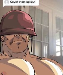 Rule 34 | 1boy, covered eyes, english text, frown, helmet, helmet over eyes, pectorals, soldier (tf2), soldierburger, tagme, team fortress 2, text messaging, topless male