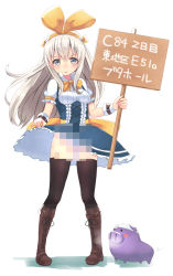 Rule 34 | 1girl, black thighhighs, blue eyes, blush, boots, bow, breath, censored, clothes lift, cross-laced footwear, dress, haruken, headband, highres, holding, holding sign, lace-up boots, long hair, looking at viewer, mosaic censoring, object on head, original, pig, sign, silver hair, simple background, skirt, skirt lift, solo, standing, thighhighs, wristband