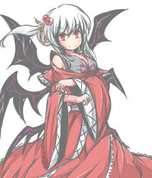 Rule 34 | 1girl, alternate hairstyle, bad id, bad pixiv id, demon wings, dress, hair bobbles, hair ornament, hair up, multiple wings, no nose, red dress, red eyes, satorichan, shinki (touhou), side ponytail, slit pupils, solo, touhou, touhou (pc-98), white background, wide sleeves, wings
