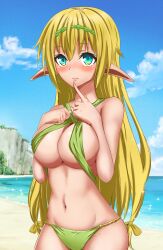 Rule 34 | 1girl, absurdres, aqua eyes, bare shoulders, beach, bikini, blonde hair, breasts, closed mouth, cloud, elf, finger to mouth, green bikini, hand on own chest, highres, isekai maou to shoukan shoujo no dorei majutsu, large breasts, long hair, looking at viewer, navel, ocean, outdoors, pointy ears, sand, shera l. greenwood, sky, solo, sparkle, standing, swimsuit, tokisan, water