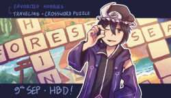 Rule 34 | 1other, androgynous, arrow print, beach, birthday, black hair, black hat, black shirt, brick wall, collared shirt, crossword puzzle, dated, detached sleeves, english text, forest, frilled hat, frills, happy birthday, hat, high collar, holding, hood, hood down, hooded jacket, jacket, len&#039;en, letterboxed, long sleeves, mob cap, nature, ocean, one eye closed, open clothes, open jacket, open mouth, other focus, outline, plant, purple eyes, purple jacket, purple sleeves, shirt, shitodo kuroji, short hair, single bare shoulder, single detached sleeve, smile, solo, sunset, torii, triangular headpiece, upper body, vines, white outline, wide sleeves, yamanoskk