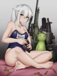 Rule 34 | 1girl, ai arctic warfare, ammunition box, assault rifle, blue one-piece swimsuit, bolt action, breasts, bullet, cleavage, eliminator kaede-san, feet, gradient background, green eyes, gun, hair between eyes, highres, holding, holding magazine (weapon), kuratsuki kaede, long hair, looking at viewer, magazine (weapon), one-piece swimsuit, ponytail, rifle, school swimsuit, sig sg552, silver hair, sniper rifle, soles, solo, swimsuit, toes, weapon