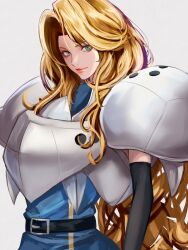 Rule 34 | 1girl, armor, black gloves, blonde hair, blue eyes, breastplate, charlotte christine de colde, elbow gloves, gloves, highres, knight, long hair, looking at viewer, minneola1125, pauldrons, plate armor, samurai spirits, shoulder armor, simple background, smile, snk, solo