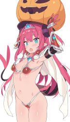 Rule 34 | 1girl, armor, armpits, arms up, bikini armor, blade (galaxist), blue eyes, cape, dragon horns, dragon tail, elizabeth bathory (brave) (fate), elizabeth bathory (fate), fang, fate/grand order, fate (series), feet out of frame, gloves, groin, horns, long hair, looking at viewer, navel, nipple slip, nipples, open mouth, oversized breast cup, pauldrons, pink hair, pointy ears, pumpkin, shiny skin, shoulder armor, simple background, solo, tail, vambraces, white background, white cape