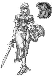 Rule 34 | 1girl, alternate costume, armor, greyscale, monochrome, shield, solo, sophitia alexandra, soul calibur, soulcalibur i, sword, weapon
