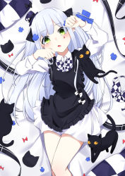 Rule 34 | 1girl, aged down, animal, apron, arms up, bed sheet, black apron, black cat, cat, collared dress, cross hair ornament, dress, facial mark, frilled apron, frills, girls&#039; frontline, green eyes, hair ornament, hair ribbon, hat, hk416 (black kitty&#039;s gift) (girls&#039; frontline), hk416 (girls&#039; frontline), ichiki 1, long hair, long sleeves, looking at viewer, lying, mini hat, mini top hat, official alternate costume, on back, open mouth, pillow, ribbon, solo, thighs, tilted headwear, top hat, very long hair, white dress, white hair