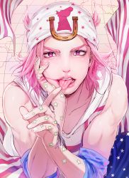 Rule 34 | 1boy, american flag, androgynous, dvqjo, hand on own face, hat, highres, horseshoe, johnny joestar, jojo no kimyou na bouken, lipstick, makeup, male focus, pink eyes, pink hair, pointing, pointing up, smeared lipstick, solo, star (symbol), star print, steel ball run, tongue, tongue out
