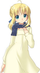 Rule 34 | 00s, 1girl, ahoge, alternate costume, artoria pendragon (all), artoria pendragon (fate), blonde hair, blue scarf, dress, fate/stay night, fate (series), green eyes, looking at viewer, manji taba, saber (fate), scarf, simple background, solo, white background