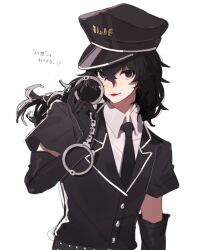 Rule 34 | 1boy, amamiya ren, black eyes, black gloves, black hair, black hat, cheese dakke, commentary, crossdressing, cuffs, elbow gloves, gloves, handcuffs, hat, highres, lipstick, long hair, looking at viewer, makeup, male focus, necktie, persona, persona 5, persona 5: dancing star night, persona dancing, shirt, short sleeves, simple background, solo, symbol-only commentary, translation request, trap, upper body, white shirt