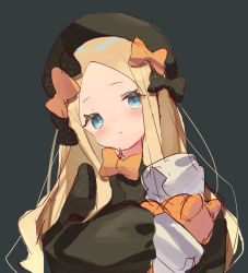 Rule 34 | 1girl, abigail williams (fate), black bow, black dress, black hat, blonde hair, blue eyes, blush, bow, breasts, dress, fate/grand order, fate (series), forehead, hair bow, hat, highres, long hair, long sleeves, looking at viewer, multiple hair bows, orange bow, parted bangs, polka dot, polka dot bow, ribbed dress, sleeves past fingers, sleeves past wrists, small breasts, stuffed animal, stuffed toy, teddy bear, zenshin