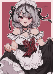 Rule 34 | 1girl, :d, absurdres, alternate costume, apron, arm garter, bare shoulders, black dress, black hair, bow, bowtie, breasts, cleavage, clothes lift, detached sleeves, dress, dress lift, enmaided, fang, grey hair, hair ornament, hairclip, halter dress, halterneck, highres, hololive, looking at viewer, maid, maid headdress, medium breasts, medium hair, multicolored hair, nut megu, open mouth, plaid, plaid bow, red bow, red bowtie, red eyes, sakamata chloe, skin fang, smile, solo, streaked hair, underbust, virtual youtuber, waist apron, white apron, x hair ornament