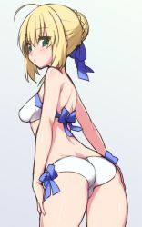 Rule 34 | 1girl, ahoge, arched back, artoria pendragon (all), artoria pendragon (fate), artoria pendragon (swimsuit archer) (first ascension) (fate), ass, bare shoulders, bikini, blonde hair, blush, bow, braid, breasts, commentary request, cowboy shot, fate (series), from behind, green eyes, hair bow, hair bun, hand on own thigh, looking back, medium breasts, saber (fate), shiny skin, simple background, single hair bun, standing, stroma, swimsuit, white bikini