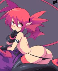 Rule 34 | 1girl, ass, bat wings, bigdead, black footwear, black gloves, black thighhighs, blush, boots, butt crack, disgaea, etna (disgaea), gloves, highres, red hair, solo, thigh boots, thighhighs, twintails, underwear, wings