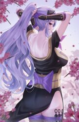 Rule 34 | 1girl, arm guards, armor, ass, back, bare shoulders, black armor, black kimono, breasts, camilla (fire emblem), camilla (ninja) (fire emblem), doiparuni, fingerless gloves, fire emblem, fire emblem fates, fire emblem heroes, fishnet thighhighs, fishnet top, fishnets, flower, from behind, gloves, hair ornament, hair over one eye, highres, japanese clothes, kimono, large breasts, long hair, looking at viewer, mature female, ninja, nintendo, official alternate costume, official alternate hairstyle, ponytail, purple eyes, purple gloves, purple hair, purple nails, purple ribbon, ribbon, smile, solo, thighhighs, tiara, tying hair, wavy hair, wrist guards