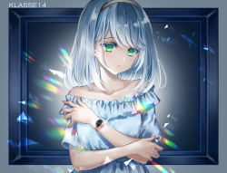 Rule 34 | 1girl, bare shoulders, blue dress, border, collarbone, colored eyelashes, commentary, dress, frilled dress, frills, glowing, green eyes, grey border, hairband, hand up, kisaragi yuri, looking at viewer, nail polish, off-shoulder dress, off shoulder, original, parted lips, pink nails, short hair, short sleeves, silver hair, solo, sparkle, triangle, upper body, watch, wristwatch, yellow hairband