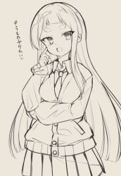 Rule 34 | 1girl, :d, cardigan, collared shirt, commentary request, grey background, greyscale, kuranami shiki, long hair, long sleeves, looking at viewer, monochrome, natsuki teru, necktie, open mouth, original, pleated skirt, shirt, short eyebrows, simple background, skirt, sleeves past wrists, smile, solo, thick eyebrows, translation request, very long hair