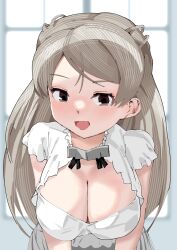 Rule 34 | 1girl, breasts, brown eyes, cleavage, cleavage cutout, clothing cutout, commentary request, conte di cavour (kancolle), conte di cavour nuovo (kancolle), dress, frilled dress, frills, grey dress, grey hair, highres, igarashi mangou, kantai collection, large breasts, layered dress, leaning forward, short sleeves, solo, two-tone dress, two side up, upper body, window