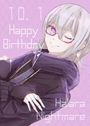 Rule 34 | 1other, black coat, character name, coat, commentary request, crossed arms, dated, dutch angle, earrings, glasses, grey hair, hair between eyes, halara nightmare, happy birthday, highres, hood, hood down, hooded coat, jewelry, long sleeves, looking at viewer, maeda8201, master detective archives: rain code, open mouth, other focus, pink-framed eyewear, pink background, pink eyes, semi-rimless eyewear, short hair, smile, solo, upper body