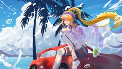 Rule 34 | 1girl, absurdres, black choker, black shorts, blonde hair, car, chinese commentary, choker, cloud, earrings, floating hair, highres, inaho exvs, jacket, jewelry, motor vehicle, mountainous horizon, nijisanji, nox (vtuber), nox official, open mouth, ponytail, red eyes, second-party source, see-through, see-through jacket, shorts, sitting, sky, smile, solo, virtual youtuber, virtuareal, visor cap, water