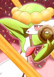 Rule 34 | 1girl, arm up, blush, bob cut, bright pupils, churro, colored skin, creatures (company), doughnut, emphasis lines, female focus, flat chest, food, food focus, food on head, game freak, gardevoir, gen 3 pokemon, green hair, green skin, hair over one eye, half-closed eyes, hand up, heart, highres, holding, holding doughnut, holding food, light blush, looking at viewer, multicolored skin, nintendo, object on head, one eye covered, open mouth, oversized food, oversized object, pokemon, pokemon (creature), red background, red eyes, short hair, solo, sprinkles, standing, two-tone skin, upper body, white pupils, white skin, yuri (fl0werspace)