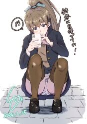 Rule 34 | 1girl, beamed sixteenth notes, black footwear, black jacket, blazer, blue eyes, blue skirt, brown hair, brown thighhighs, cellphone, commentary request, highres, jacket, kantai collection, kumano (kancolle), ld (luna dial398), loafers, long hair, musical note, official alternate costume, panties, phone, school uniform, shoes, skirt, solo, spoken musical note, squatting, sweater vest, thighhighs, underwear, white panties