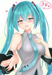 Rule 34 | 1girl, 39, absurdly long hair, aqua eyes, aqua hair, aqua nails, aqua necktie, bare shoulders, black sleeves, blue eyes, blue hair, breasts, collarbone, collared shirt, detached sleeves, female focus, grey shirt, hair between eyes, hair ornament, hand on breasts, hand on chest, hatsune miku, headphones, headset, heart, highres, long hair, looking at viewer, medium breasts, nail polish, necktie, parted lips, shirt, sleeveless, sleeveless shirt, smile, solo, thighhighs, twintails, very long hair, vocaloid, white and pink, white background, zettai ryouiki
