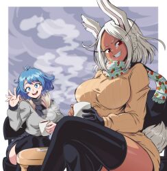 Rule 34 | 2girls, ahoge, alternate costume, alternate hair length, alternate hairstyle, animal ears, black gloves, black thighhighs, blue hair, boku no hero academia, breasts, brown sweater, chair, covered collarbone, cup, dark-skinned female, dark skin, fang, feet out of frame, gloves, grey scarf, grin, hadou nejire, highres, holding, holding cup, large breasts, lewdamone, long sleeves, mirko, multicolored background, multiple girls, rabbit ears, rabbit tail, red eyes, scarf, short hair, single glove, smile, steam, sweater, table, tail, teeth, thighhighs, upper teeth only