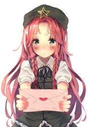 Rule 34 | 1girl, :&lt;, blush, bou shaku, braid, frown, green eyes, hat, heart, holding, hong meiling, incoming gift, letter, long hair, looking at viewer, love letter, neck ribbon, outstretched arms, pov, red hair, ribbon, simple background, solo, tareme, touhou, twin braids, white background