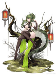 Rule 34 | 1girl, absurdres, alternate costume, arknights, arm warmers, bare shoulders, bare tree, black dress, black footwear, breasts, china dress, chinese clothes, cleavage, commentary request, crocodilian tail, cross-laced clothes, cross-laced dress, dress, earrings, fishnet thighhighs, fishnets, folded fan, folding fan, full body, gavial (arknights), green hair, green nails, green tail, grin, hand fan, hand up, high heels, highres, holding, holding fan, jewelry, jiusan naitang, lace, lace-trimmed thighhighs, lantern, long hair, looking at viewer, medium breasts, navel, on tree, one eye closed, pointy ears, ponytail, pumps, shoes, sleeveless, sleeveless dress, smile, solo, stiletto heels, tail, thighhighs, tree, underboob