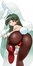 Rule 34 | 1girl, animal ears, ass, ass focus, blush, fake animal ears, fishnet pantyhose, fishnets, from behind, full body, glasses, goriate, green hair, high heels, long hair, looking back, pani poni dash!, pantyhose, playboy bunny, rabbit ears, rabbit tail, red eyes, shoes, smile, solo, tachibana rei, tail, wrist cuffs, zoom layer
