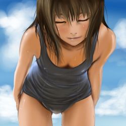 Rule 34 | 1girl, blush, brown hair, cloud, day, downblouse, eyelashes, closed eyes, hand on thigh, koyama (gantz0409jp), leaning forward, lips, lowres, nose, one-piece swimsuit, original, school swimsuit, sky, smile, solo, swimsuit, wet