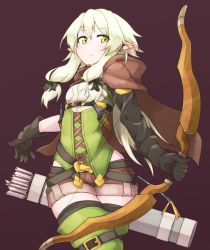 Rule 34 | 10s, 1girl, arrow (projectile), asymmetrical sleeves, black gloves, black thighhighs, blonde hair, blush, boots, bow (weapon), brown cloak, cloak, commentary request, cowboy shot, elf, fighting stance, gloves, goblin slayer!, green eyes, green vest, hair between eyes, hair ribbon, high elf archer (goblin slayer!), holding, holding bow (weapon), holding weapon, hood, hood down, leg belt, long hair, looking at viewer, parted lips, pointy ears, purple background, quiver, ready to draw, ribbon, ryota tentei, shirt, short shorts, shorts, sidelocks, skindentation, solo, standing, thigh boots, thighhighs, thighhighs under boots, tress ribbon, uneven sleeves, vest, walking, weapon, white shirt