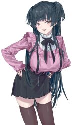 Rule 34 | 1girl, :d, absurdres, black hair, blunt bangs, blush, bow, breasts, brown eyes, cowboy shot, frilled shirt, frills, hands on own hips, highres, idolmaster, idolmaster shiny colors, kazukingu, large breasts, long hair, long sleeves, looking at viewer, mayuzumi fuyuko, miniskirt, navel, open mouth, pink shirt, ribbon, shirt, simple background, skirt, smile, solo, suspender skirt, suspenders, thighhighs, two side up, very long hair, white background, zettai ryouiki, zipper skirt