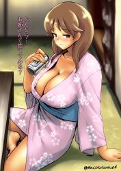 Rule 34 | 1girl, absurdres, arm support, beer can, blush, breasts, brown hair, can, cleavage, collarbone, drink can, floral print, highres, holding, holding can, idolmaster, idolmaster cinderella girls, indian style, indoors, japanese clothes, katagiri sanae, kimono, large breasts, macototionized, pink kimono, sitting, smile, solo, tatami, translation request, twitter username