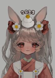 Rule 34 | 1girl, 2023, :3, animal ears, apron, chinese zodiac, closed mouth, commentary, flower, food, food on head, hair flower, hair ornament, highres, japanese clothes, kagami mochi, kimono, long hair, looking at viewer, object on head, original, rabbit ears, red eyes, red kimono, shiona (siona0625), solo, straight-on, two side up, upper body, white apron, white flower, year of the rabbit