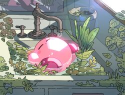 Rule 34 | :o, afloat, blush, blush stickers, closed eyes, closed mouth, counter, faucet, flower pot, in water, indoors, kirby, kirby (series), leaf, lens flare, light rays, lily pad, mirror, moss, mutekyan, nintendo, no humans, overgrown, partially submerged, plant, sink, sunlight, vines, water, water drop, window