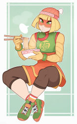 Rule 34 | 1girl, absurdres, arms (game), beanie, blonde hair, blunt bangs, chinese clothes, domino mask, food, green eyes, hat, highres, knit hat, leggings, mask, min min (arms), noodles, short hair, simple background, solo, splashbrush
