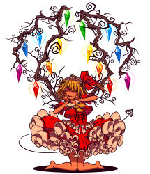 Rule 34 | 1girl, ascot, barefoot, blonde hair, bow, branch, cherri cherri, evil smile, fangs, flandre scarlet, frilled skirt, frills, glowing, hands on own face, hat, highres, kneeling, laevatein, looking at viewer, one eye closed, open mouth, red eyes, short hair, side ponytail, simple background, skirt, smile, solo, star-shaped pupils, star (symbol), symbol-shaped pupils, touhou, wings