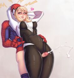 Rule 34 | 1boy, 1girl, blonde hair, blue eyes, blush, breasts, censored, clothed sex, cum, ejaculation, grabbing another&#039;s head, gwen stacy, highres, hug, hug from behind, large breasts, lips, marvel, mask, nipple erection, penis, peter parker, smile, spider-gwen, spider-man, spider-man (series), thigh sex