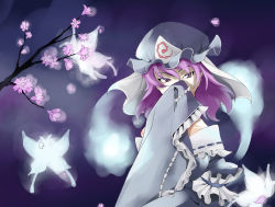 Rule 34 | 1girl, bug, butterfly, cherry blossoms, covering privates, covering face, female focus, hat, hitodama, bug, japanese clothes, petals, purple eyes, purple hair, saigyouji yuyuko, short hair, sleeves past wrists, solo, taiyaki a, touhou, tree, tsurime