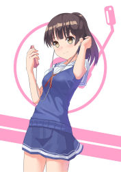 Rule 34 | 1girl, absurdres, blue shirt, blue skirt, blunt bangs, blush, breasts, brown hair, cable, cellphone, closed mouth, commentary, cowboy shot, earphones, gradient hair, highres, holding, holding phone, katou megumi, looking at viewer, medium breasts, multicolored hair, phone, pleated skirt, ponytail, purple hair, saenai heroine no sodatekata, school uniform, serafuku, shirt, short hair, short sleeves, skirt, smartphone, smile, solo, standing, tareme, thighs, two-tone background, yang (wuhan), yellow eyes