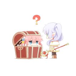 Rule 34 | 2girls, ?, blue eyes, bocchi the rock!, boots, brown footwear, capelet, chibi, commentary request, crossover, cube hair ornament, dangle earrings, dress, earrings, elf, frieren, frieren stuck in a mimic (meme), gotoh hitori, green eyes, hair ornament, holding, holding staff, in container, jewelry, long hair, long sleeves, looking at another, meme, mimic, mimic chest, multiple girls, one side up, peeking out, pink hair, pointy ears, rebecca (keinelove), simple background, sousou no frieren, staff, standing, sweatdrop, treasure chest, turn pale, twintails, white background, white capelet, white dress, white hair