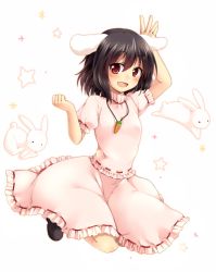 Rule 34 | 1girl, :d, animal ears, arm up, bad id, bad pixiv id, black footwear, black hair, blouse, blush, carrot necklace, clenched hand, frilled skirt, frills, full body, inaba tewi, jewelry, jumping, looking at viewer, necklace, nnyara, open mouth, pendant, pink skirt, puffy short sleeves, puffy sleeves, rabbit, rabbit ears, red eyes, ribbon-trimmed clothes, ribbon-trimmed skirt, ribbon-trimmed sleeves, ribbon trim, shirt, shoes, short hair, short sleeves, simple background, skirt, skirt set, smile, solo, star (symbol), touhou, white background