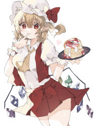 Rule 34 | 1girl, absurdres, ascot, blonde hair, blush, bow, breasts, cake, closed mouth, cowboy shot, crystal, fang, finger to mouth, flandre scarlet, food, food on face, hair between eyes, hat, hat bow, heart, higa (gominami), highres, holding, holding tray, looking at viewer, medium breasts, mob cap, one side up, open clothes, open vest, pleated skirt, puffy short sleeves, puffy sleeves, red bow, red eyes, red skirt, red vest, short hair, short sleeves, simple background, skirt, skirt set, solo, standing, thighs, touhou, tray, vest, white background, white hat, wings, wrist cuffs, yellow ascot