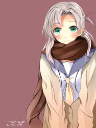 Rule 34 | 10s, 1girl, 2014, bad id, bad pixiv id, blush, brown scarf, cardigan, dated, green eyes, grey hair, hair ornament, hair tie, highres, kantai collection, kinugasa (kancolle), kinugasa kai ni (kancolle), long hair, long sleeves, looking at viewer, md5 mismatch, necktie, pink hair, scarf, school uniform, serafuku, signature, simple background, smile, solo, tebi (tbd11), tsurime, v arms, yellow necktie