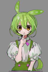 Rule 34 | 1girl, chromatic aberration, cropped torso, expressionless, finger to mouth, frilled sleeves, frills, green hair, grey background, hand up, highres, ishitsuki ( 0101 831), long hair, looking at viewer, low ponytail, neck ribbon, pea pod, pink ribbon, puffy short sleeves, puffy sleeves, ribbon, shirt, shirt tucked in, short sleeves, shushing, simple background, solo, suspenders, voicevox, white shirt, yellow eyes, zundamon