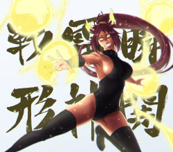 Rule 34 | 1girl, black leotard, black thighhighs, bleach, blurry, breasts, commentary, dark-skinned female, dark skin, depth of field, electricity, energy ball, fang, feet out of frame, fighting stance, grin, groin, hair ears, hair ribbon, highres, kneeling, large breasts, leotard, light particles, long hair, looking at viewer, mitarashi (5333069), no shoes, nose, outstretched arms, parted bangs, ponytail, purple hair, red ribbon, ribbon, shihouin yoruichi, sideboob, simple background, smile, solo, thighhighs, thighs, translation request, v-shaped eyebrows, very long hair, white background, yellow eyes